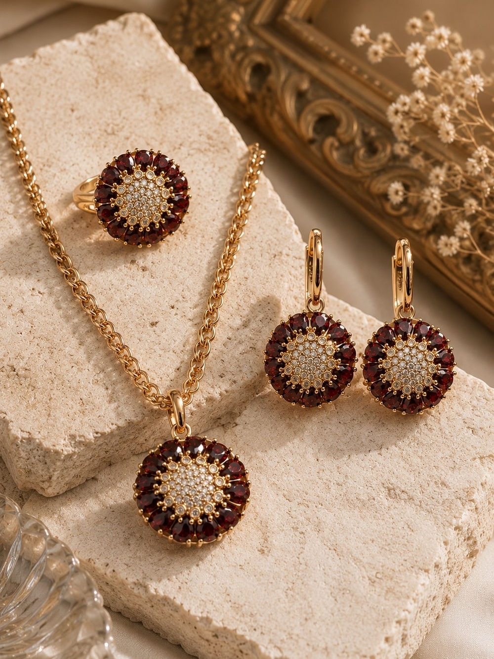 Gold-Plated Burgundy Sunburst Pendant Necklace & Earring Set - Picture 3 of 4